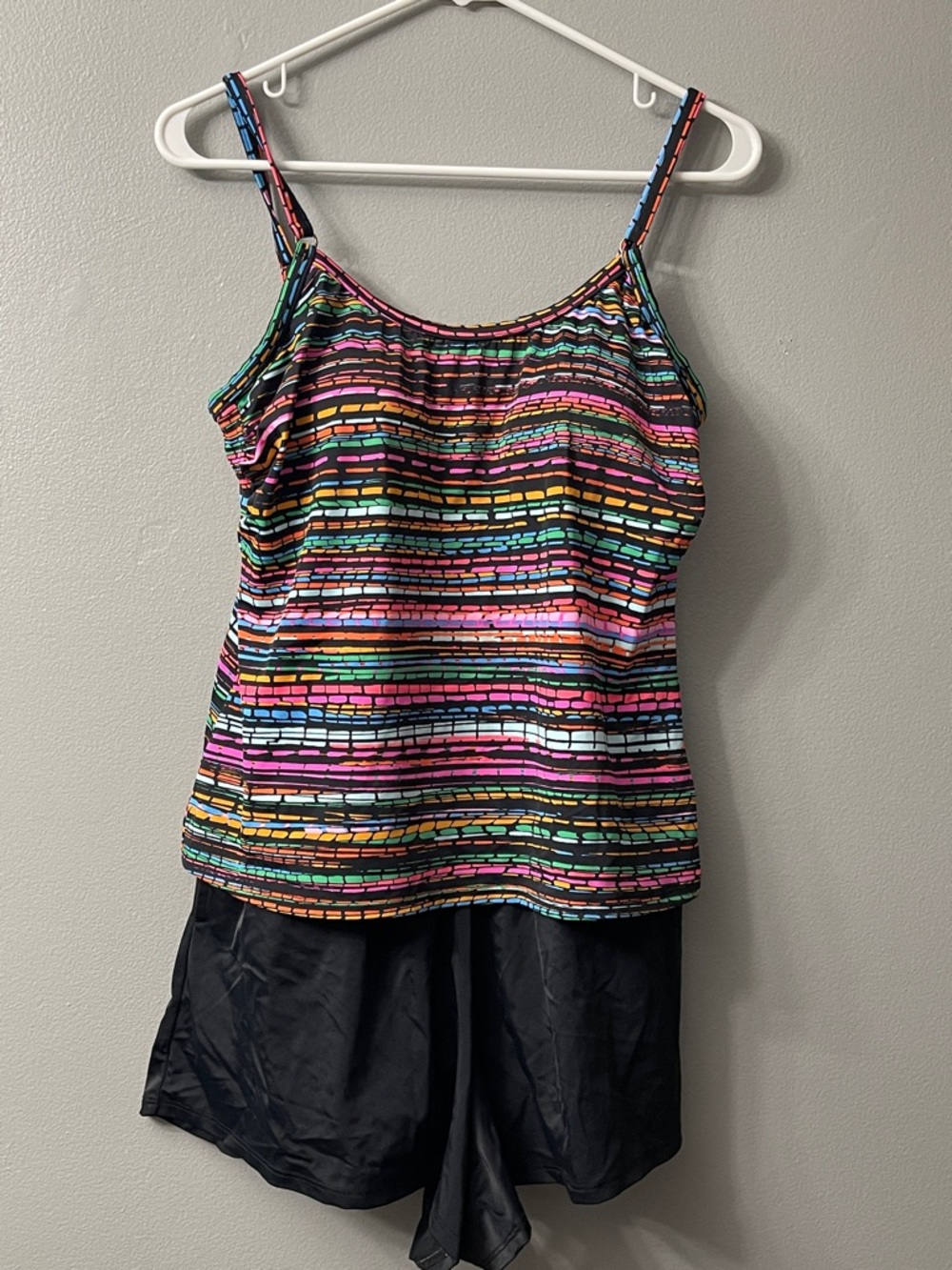 Trimshaper Farrah One-Piece Swim Romper in a multi-color striped pattern 12